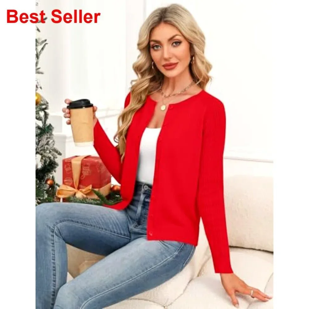 Button Up Cardigan Sweater Textured Sleeves Crew Neck Spring Summer